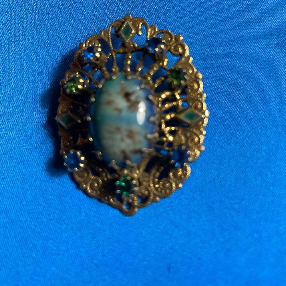 Vintage Filigree Brooch with Faux Opal and Colored Rhinestones